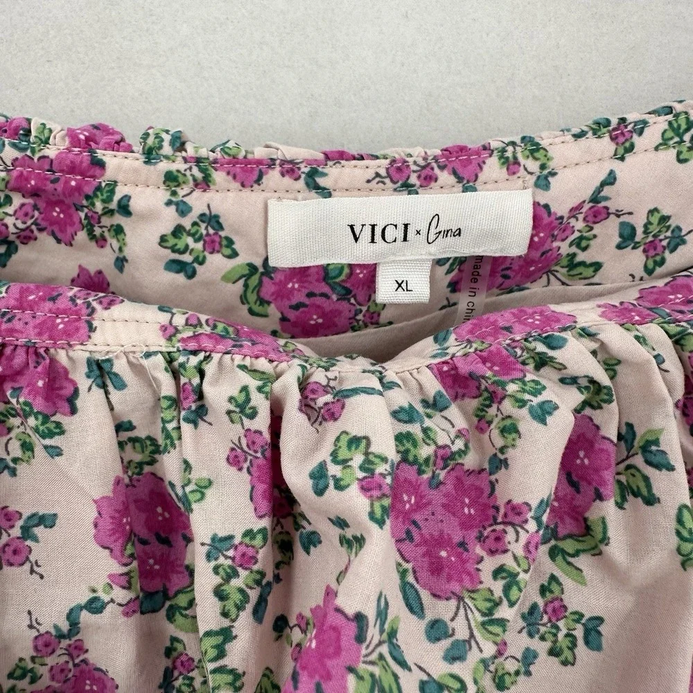 VICI x Gina Floral One Shoulder Ruffle Mini Dress Pink Green XL HN1090D Summer - Picture 4 of 8